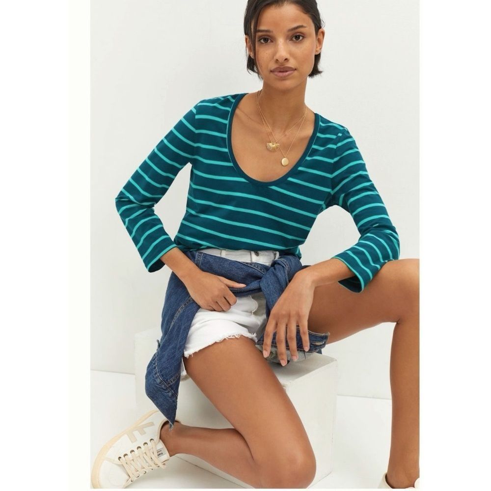 Anthropologie Daily Practice Scoop Neck Tee XS Striped Green Blue New